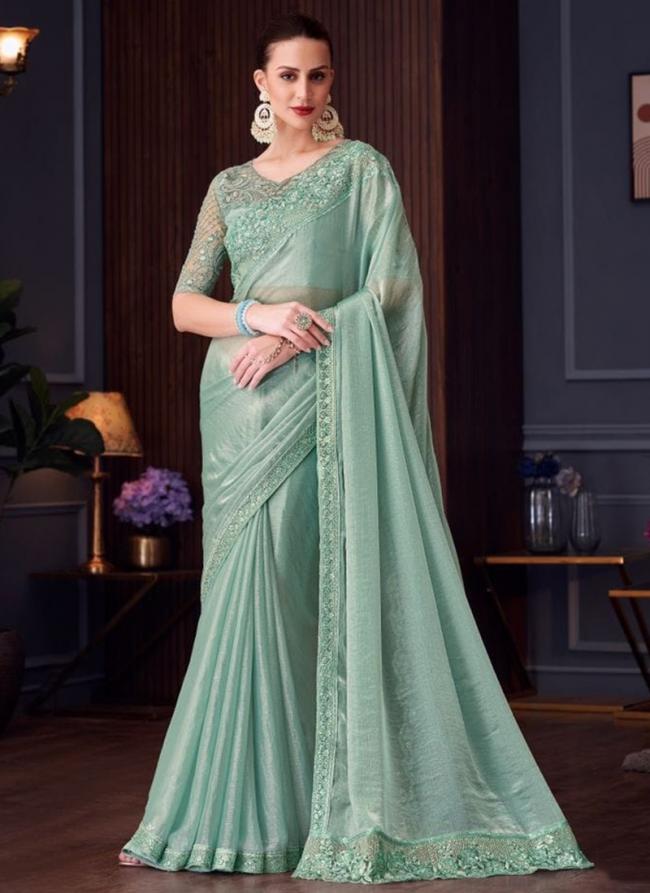 Silk Sky Blue Party Wear Embroidery Work Saree